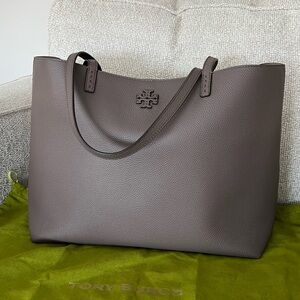 Tory Burch McGraw Pebbled Leather Tote in Silver Maple